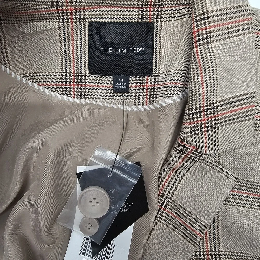 The Limited Size 14 Longline Tan plaid Lined Blazer Career Preppy Academic NWT